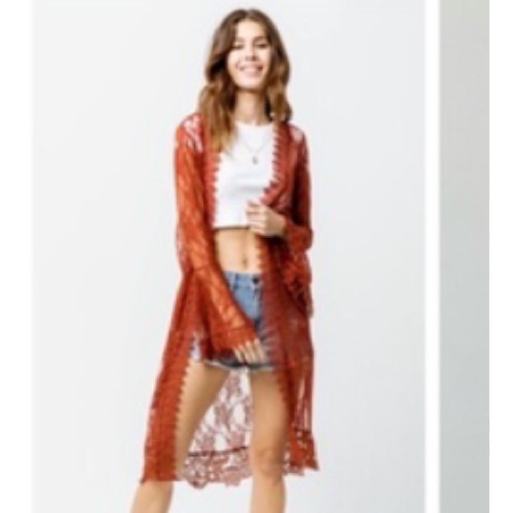 Polly & Esther Rust Open Knit Crochet Lace Duster Vest Whimsigoth Y2K Festival